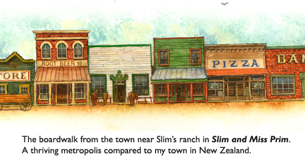 ‘Old Western Boardwalk’  Original art from children’s picture book Slim and Miss Prim, a Western love story (and kidnap tale) for kids, written by Robert Kinerk and illustrated by artist Jim Harris.